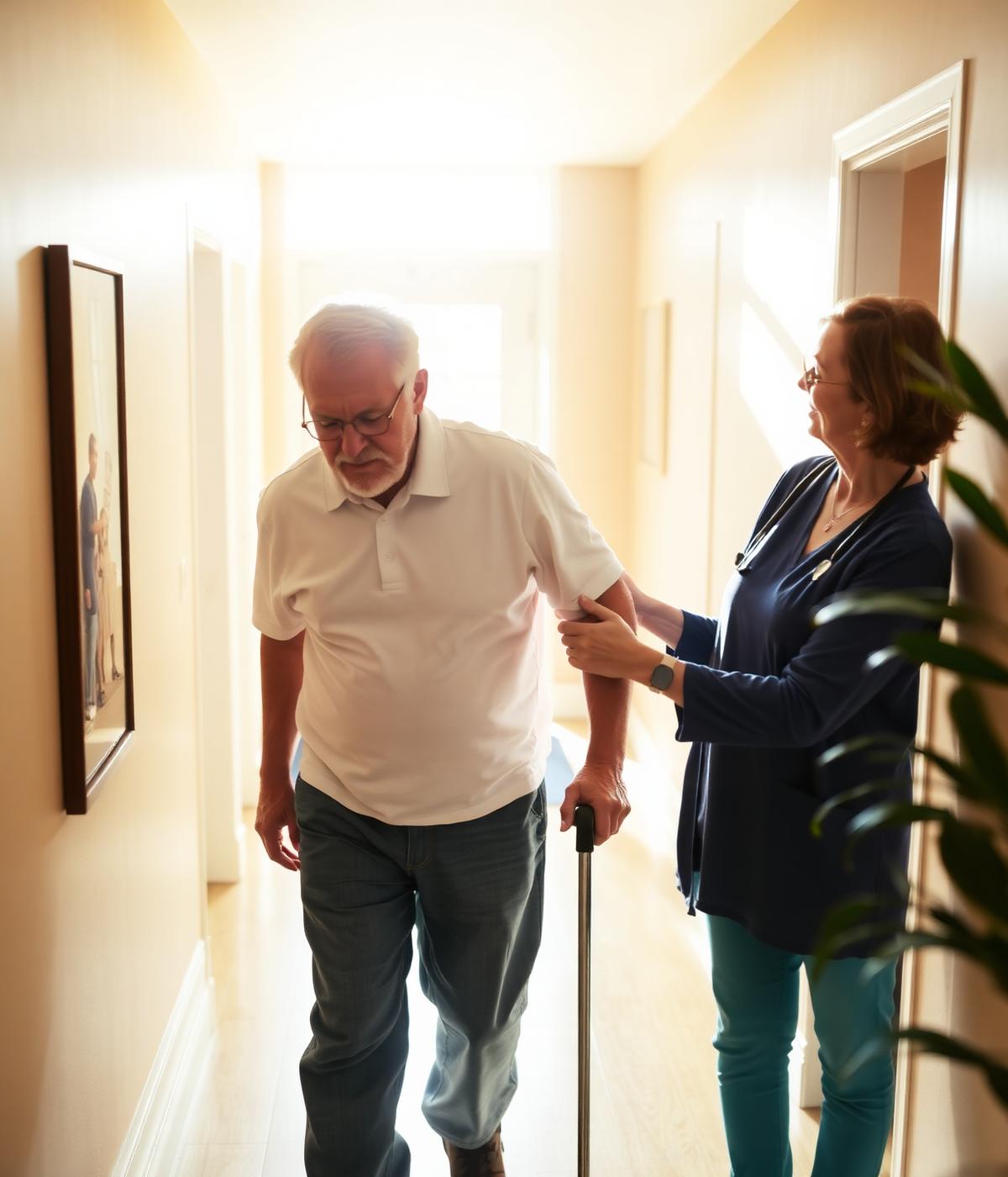 FayoCare caregiver helping a client walk safely at home